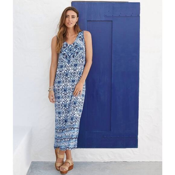 J Jill Dress Medium Beach Coastal Jersey Knit Midi Tile Print Stretch Comfort